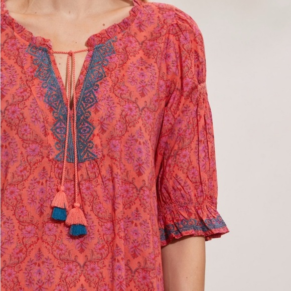 Odd Molly | Pink Floral Embroidered Boho Midi Dress with Tassel Tie, Size XL - Picture 2 of 9